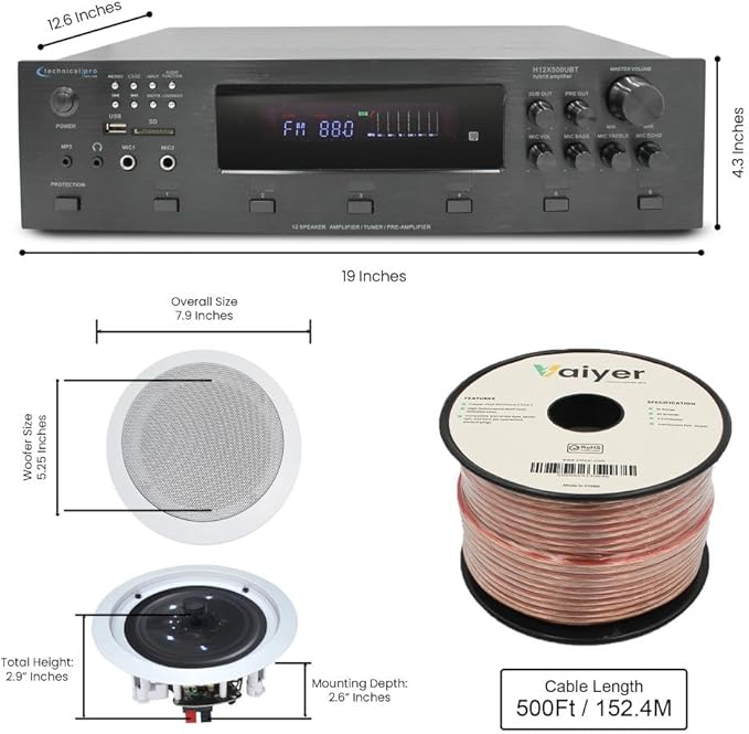 Vaiyer Home Audio System Kit, 6-Channel 6000 Watts Bluetooth Amplifier with 5.25" 10 QTY of 175 W Each in-Wall in-Ceiling Speakers & 16AWG 500 ft. Speaker Wire - Perfect for Home, Office, Restaurants