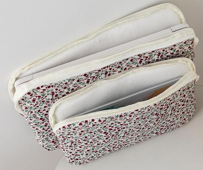Puffy Laptop Sleeve 13-15.6 Inch Cute Quilted Laptop Protective Case Padded Floral Computer Sleeve for MacBook (B-red, 13 Inch)