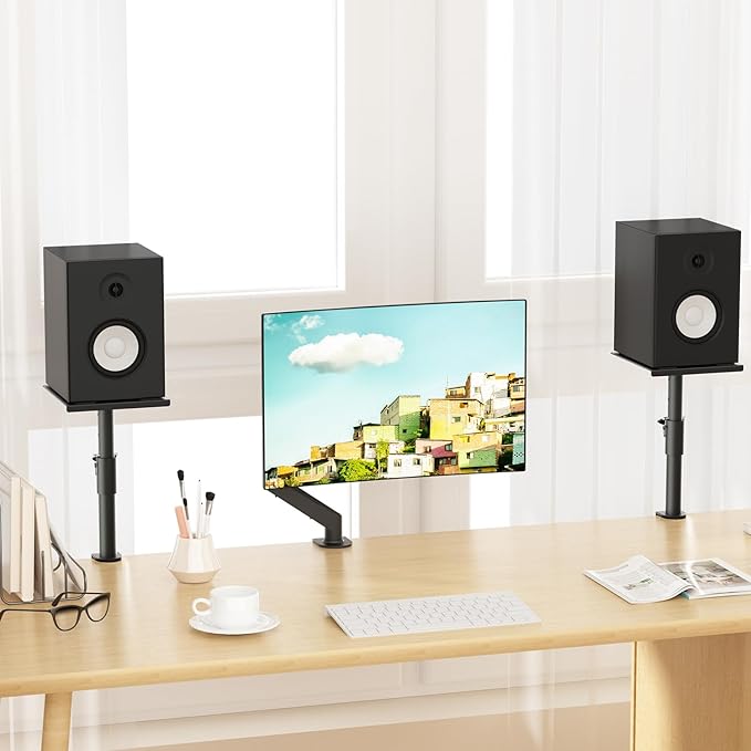 suptek Clamp-on Speaker Stand Desk Mount Set, Height Adjustment, Swivel, 9.6 x 8.8 inch Trays, Universal Audio Holders for Computer and Bookshelf Speakers, Elevated Sound, 2 Pack, Black, SDM001G