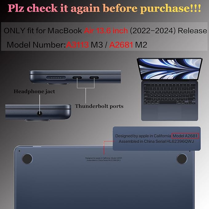 CISSOOK Compatible with MacBook Air 13.6 inch Case 2022 2024 2025 Release A2681 A3113 A3240 with Touch ID, Crystal Grey Hard Shell Case & Keyboard Cover for Mac Air 13.6 M2 M3 M4, Gray