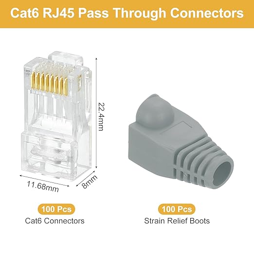 MECCANIXITY 100pcs Cat6 RJ45 Pass Through Connectors, RJ45 Connector 8P8C Gold Plated Plugs with 100pcs Dark Grey Strain Relief Boots for Solid or Stranded UTP Ethernet Cable, 1.1mm