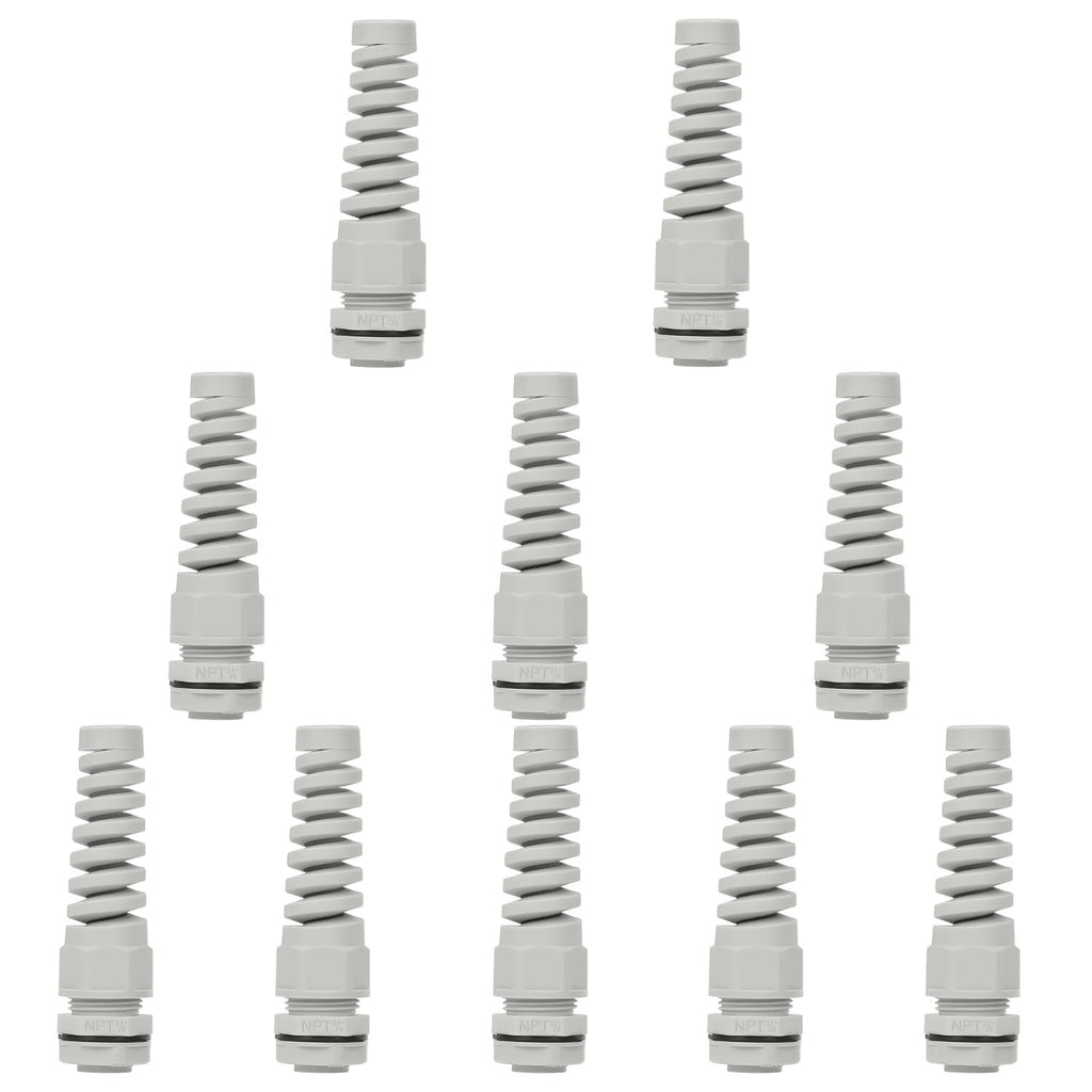 LeMotech 10Pcs NPT 3/8" IP68 Waterproof Cable Gland Flex Spiral Strain Relief Grey Nylon Joint with Gaskets for 5-10mm Wire Thread