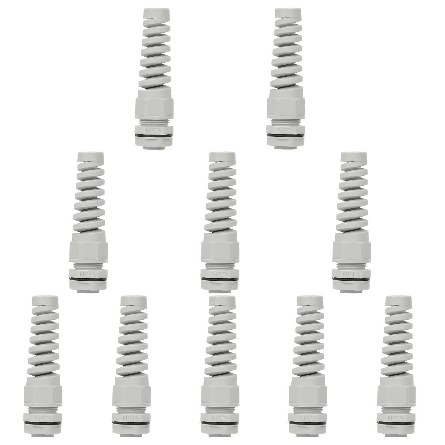 LeMotech 10Pcs NPT 3/8" IP68 Waterproof Cable Gland Flex Spiral Strain Relief Grey Nylon Joint with Gaskets for 5-10mm Wire Thread