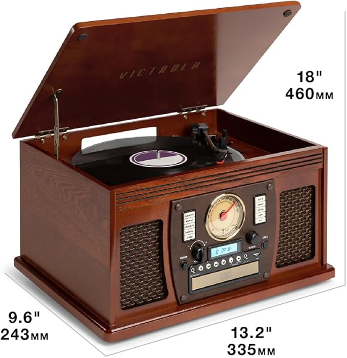 Victrola Navigator 8-in-1 Bluetooth Record Player with Built-in Speakers– 3 Speed Turntable, CD Player, Cassette, FM Radio, USB, RCA Out, Headphone Jack, Wireless Music Streaming, Real Wood (Mahogany)