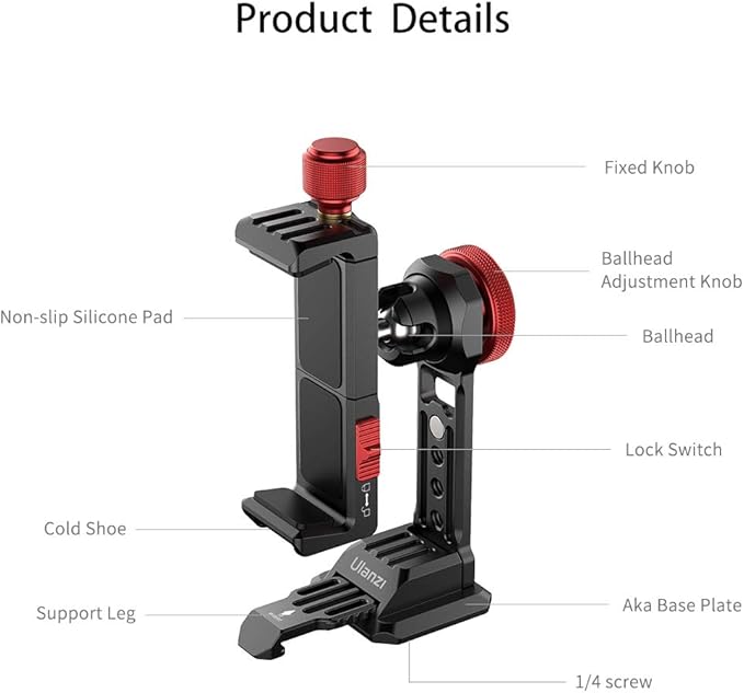Cell Phone Tripod Mount, ULANZI ST-14 Smartphone Tripod Mount Adapter Aluminum with Cold Shoe, 360° Cell Phone Stand Holder Clamp for iPhone16 15 14 13 12 11 Max Pro iPhone X XR Xs 6 7 Plus
