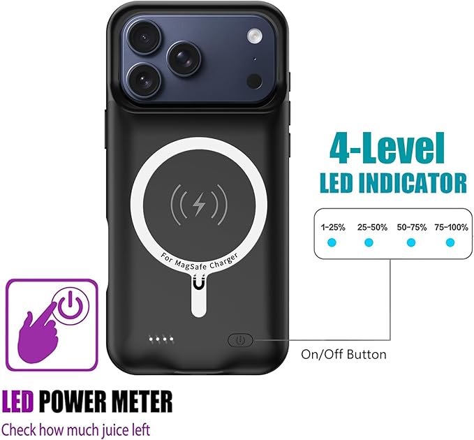 Battery Case for iPhone 17 Pro,10000mAh Rechargeable Portable Charging Case with Wireless Charging Compatible for iPhone 17 Pro (6.3 inch) 2025 with Carplay Extended Battery Pack Charger Cover (Black)