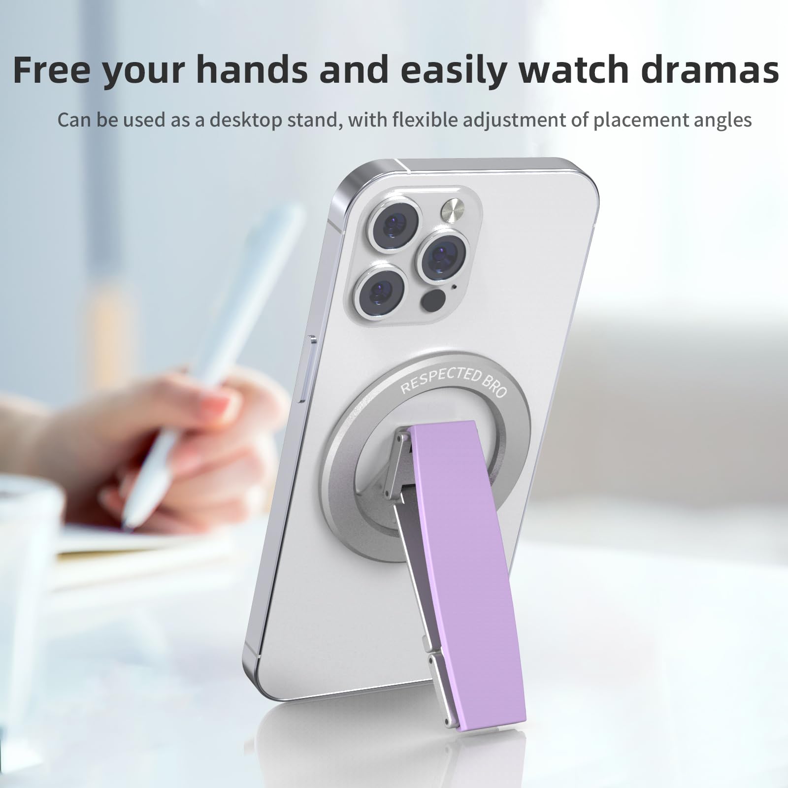 RESPECTED-BRO-Magnetic-Phone-Grip-Stand, Magnetic Phone Ring Holder Kickstand with Silicone Finger Strap, Compatibility for iPhone 17/16/15/14/13/12, Android, and More (Purple)
