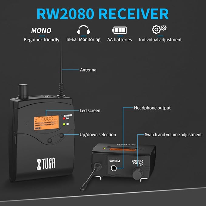 XTUGA RW2080 Wireless in Ear Monitor System 8 Bodypacks UHF IEM System, 2 * 40 Frequencies Mono Design Stage Monitors Earphone, 300Ft for Band, Studio or Musicians, 902-928mhz