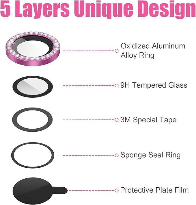 AGVEE 3+3 6 Pack for iPhone 14 6.1" / 14 Plus 6.7" Camera Lens Cover Protector, Bling Diamond & Bling Glitter Metal Ring 9H Tempered HD Glass Camera Cover Protector Film, Bling-Rose