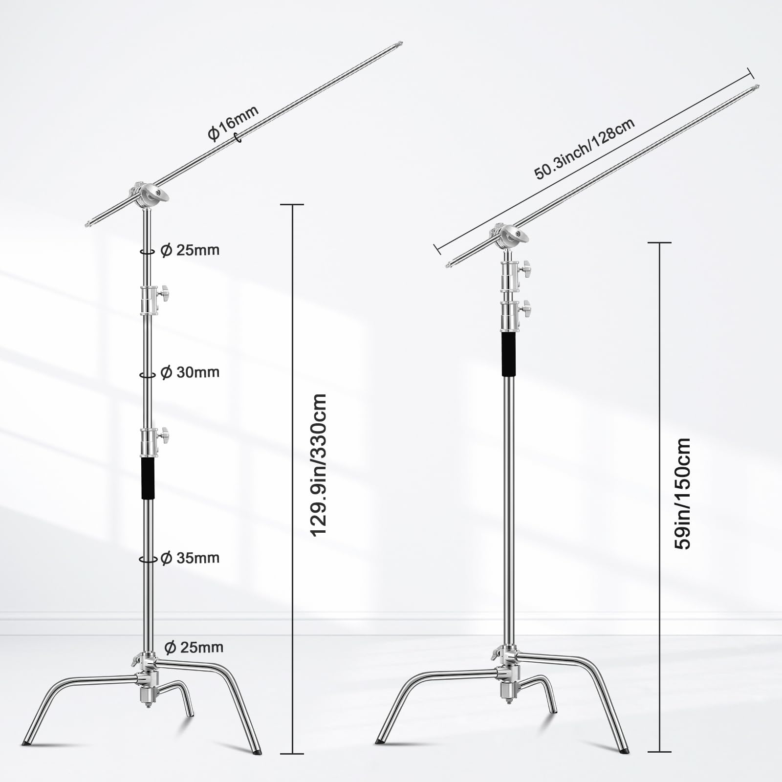 Heavy Duty C Stand 10.8ft/330cm with Boom Arm 100% Stainless Steel Photography C-Stand with Carry Bag Sandbag 3*Clip 2*Grip Head for Photography Studio Video Monolight Softbox Shooting