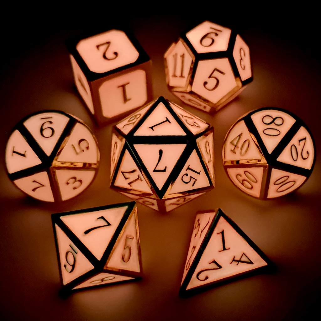 Haxtec Gold Glowing Red Metal DND Dice Set Glow in the Dark Enamel D&D Dice with Dragon Eye Leather Dice Bag Compatible with Dungeons and Dragons TTRPG Gift for DND Lovers DM Masters