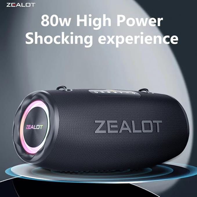 ZEALOT 80W Portable Bluetooth Speaker, Stereo Sound with Deep Bass,IPX6 Waterproof, LED Light,Bluetooth 5.2, Indoor/Outdoor Speaker for Party, Gathering, Pool, Camping,Travel (Black)
