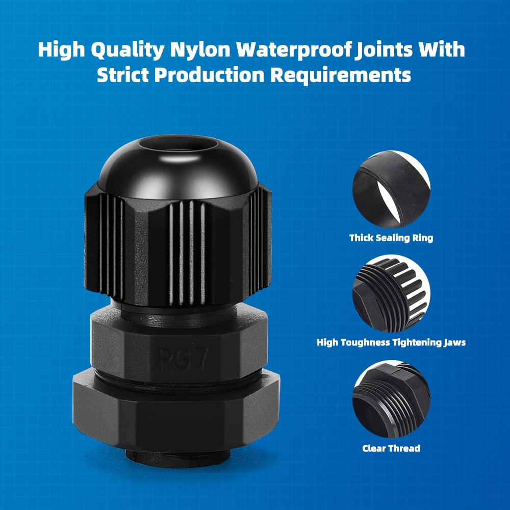 CGELE Cable Gland 20 Pack Plastic Waterproof Adjustable Connector 3-7mm PG7 Strain Relief Cord Connectors Joints Nylon with Gaskets