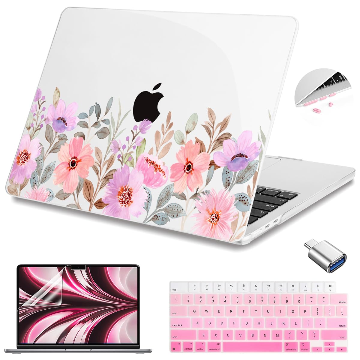 Teryeefi for MacBook Air M5 M4 M3 M2 13 inch Case 2026 2025 2024 2022 Release fits Model A3449 A3240 A3113 A2681, Hard Shell Case with Keyboard Cover+Screen Protector, Pink Flower Garden-A