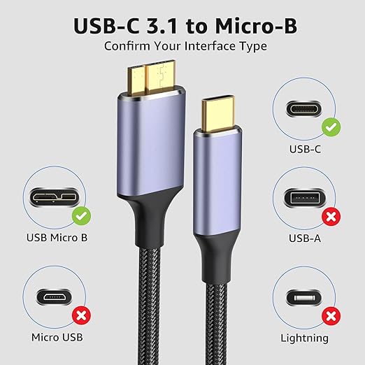 USB 3.1 Micro B to USB C Hard Drive Cables, 6FT 10 Gbps USB C to Micro B, External Hard Drive Cable Compatible with MacBook Pro/Air, iPad/Tablet, iPhone, Samsung Galaxy S24, WD Seagate etc