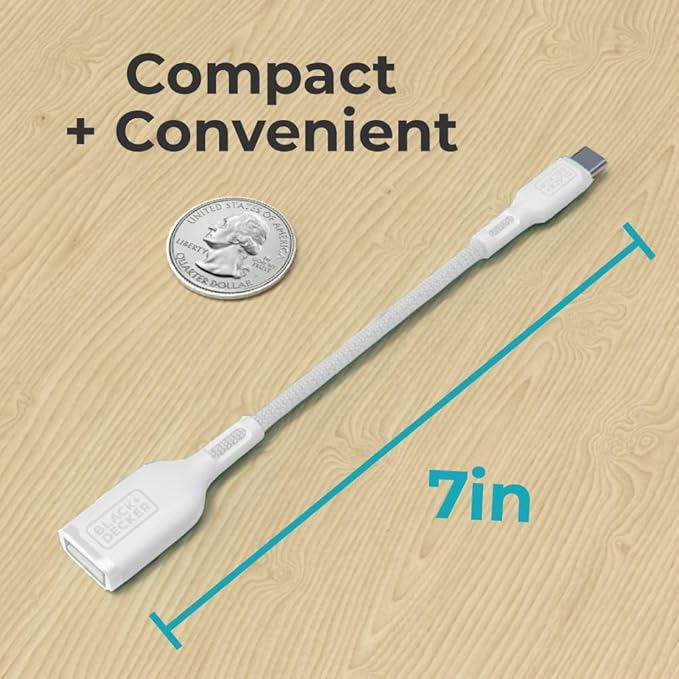 BLACK+DECKER USB C to USB A Adapter, USB C Male to USB Female Adapter Nylon Braid, Type C OTG Cable Compatible w/iPhone 16 15 Pro, MacBook Pro 2022/Air/Mini, iPad—2 Pack, 3" (White)