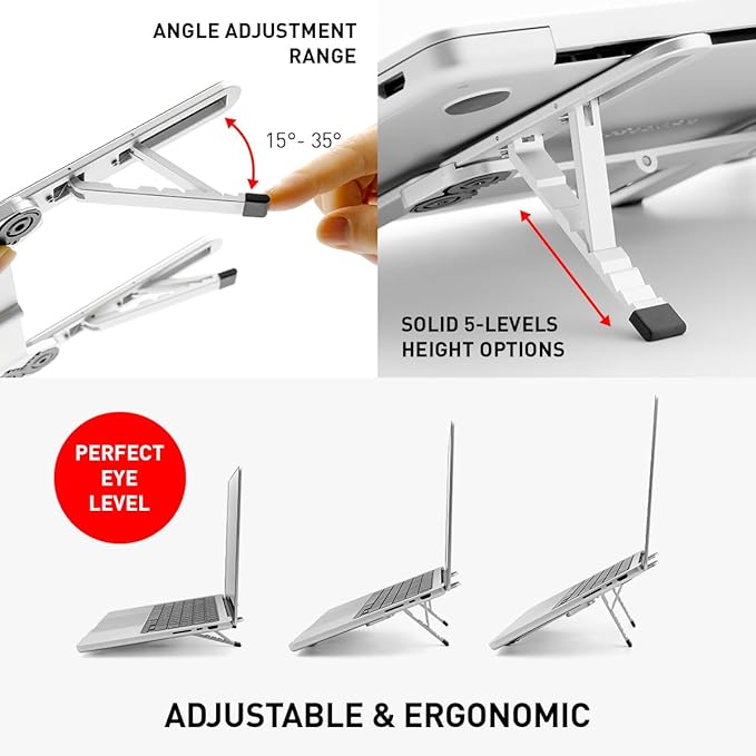 NSMO Laptop Stand - Foldable, Adjustable, Ergonomic Aluminum Stand with 5-Level Height Adjustment, Heat Dissipation, Non-Slip Design, Portable for 11”-16” Laptops, Gaming, Office, Travel