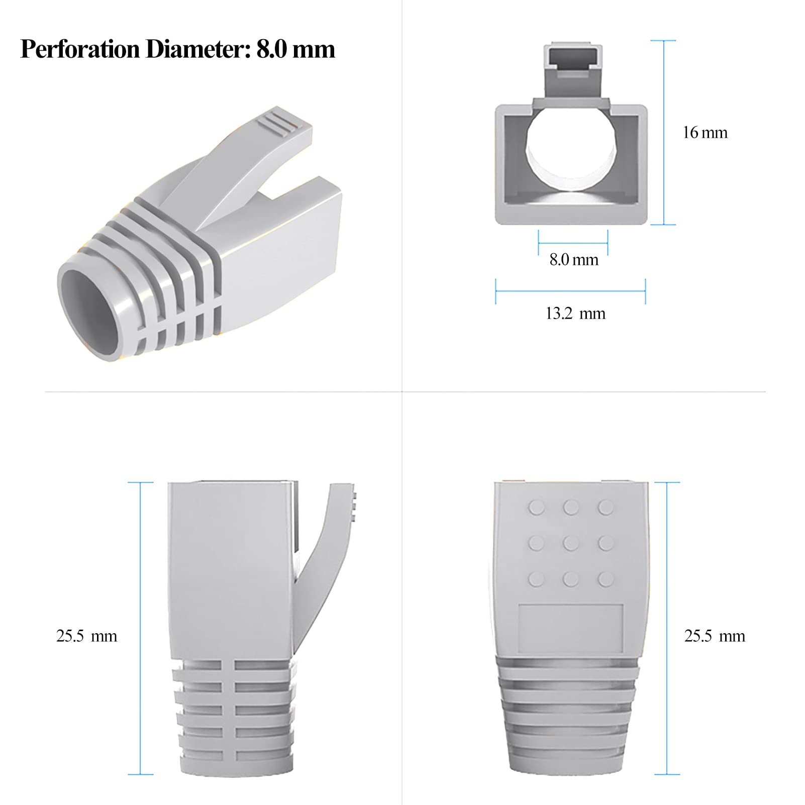 JODROAD 100Pack RJ45 Boot Cover, Cat5 Cat6 Cat6A Ethernet Network Cable Strain Relief Boot, Fits Overall Jacket Diameter 5.5-6.5MM Ethernet Cable (Hole Diameter: 6.5mm, Grey)