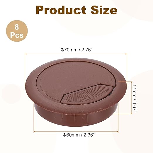 uxcell 8 Pcs 60mm (2.36 Inch) Desk Grommet, Plastic Cable Hole Cover, Wire Cord Cable Organizer for Home Office Computer Desk Cabinet, Brown