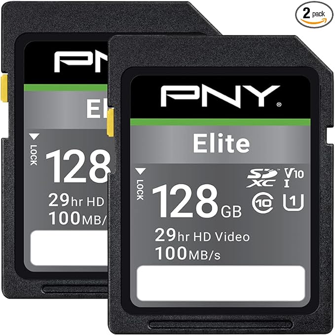 PNY 128GB Elite Class 10 U1 V10 SDXC Flash Memory Card - 100MB/s Read, Class 10, U1, V10, Full HD, UHS-I, Full Size SD (Pack of 2)