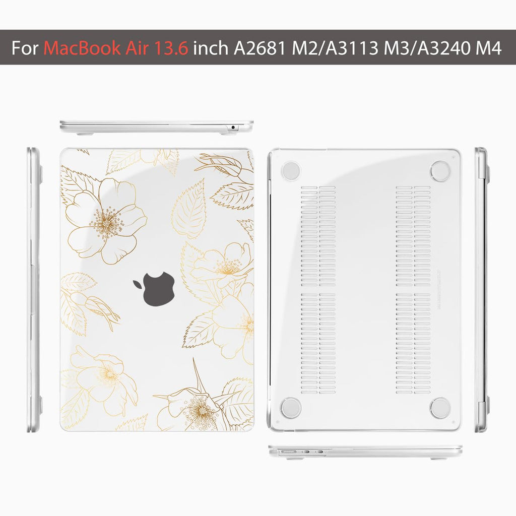 Teryeefi for MacBook Air 13.6 inch Case M5 M4 M3 M2 2022 2023 2024 2025 Model A2681 A3113 A3240 A3449 Plastic Hard Shell Cover with Screen Protector & Keyboard Cover & USB Adapter, Gold Flower Leaf