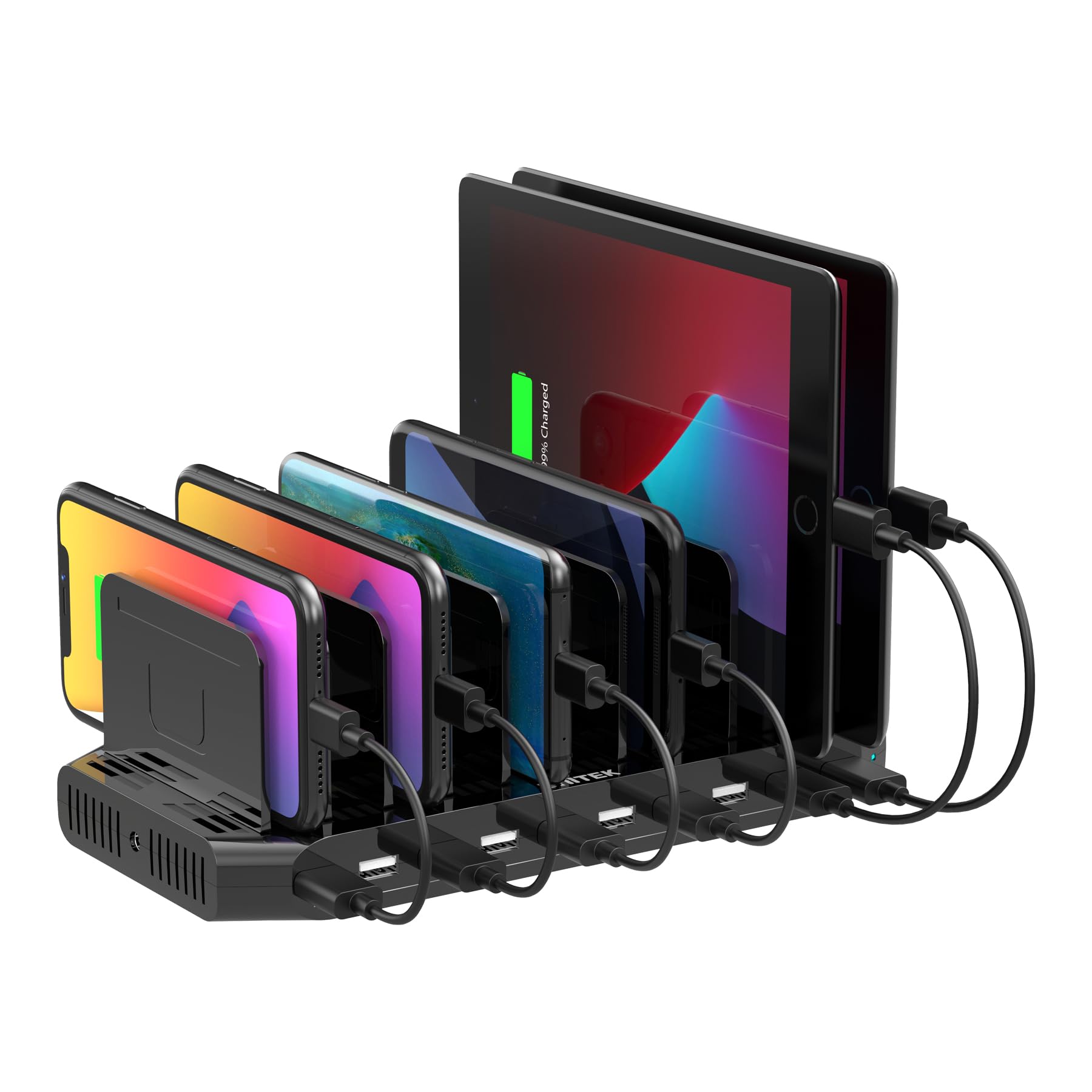 【10PCS】 Unitek Multi Charging Station, 10-Port USB Charger for Multiple Device with SmartIC Tech and Adjustable Dividers, Organizer Stand Compatible with iPad, Tablet, Kindle, iPhone - 10PCS, Black