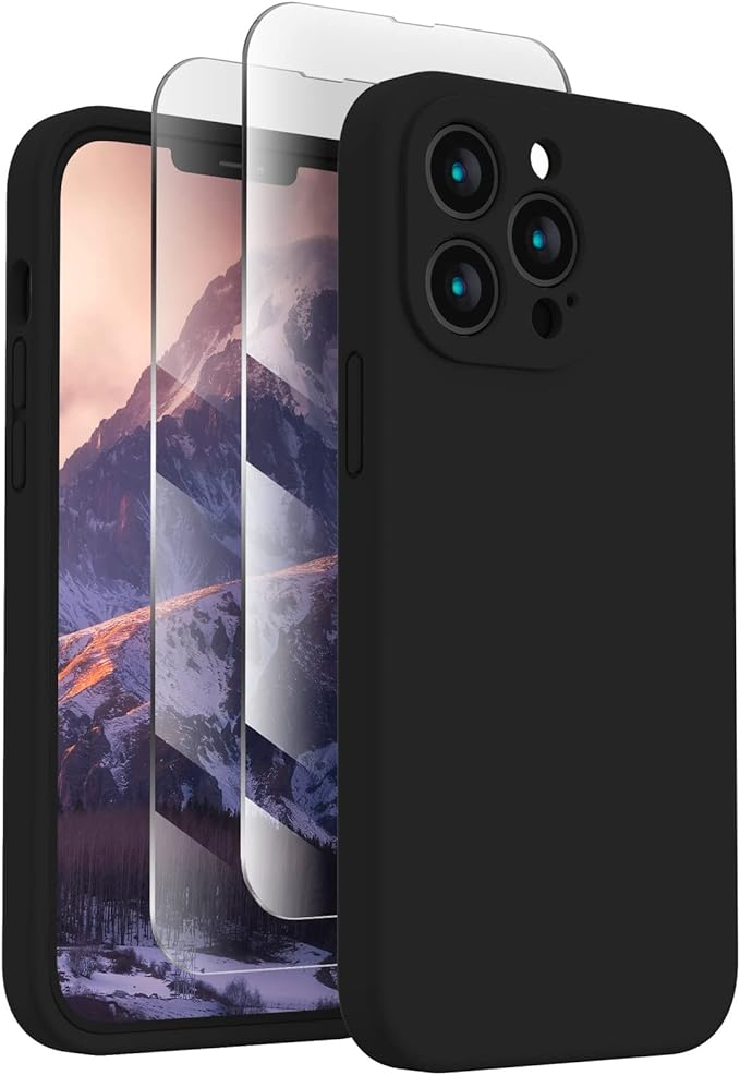 FireNova Designed for iPhone 13 Pro Max Case, Silicone [Camera Protection] Phone Case with [2 Screen Protectors], Soft Anti-Scratch Microfiber Lining Inside, 6.7 inch, Black