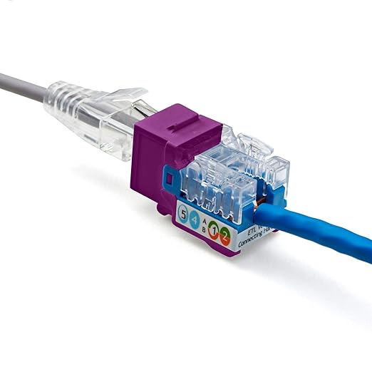 trueCABLE Cat5e Keystone Jack, Unshielded (UTP), 90 Degree Punch-Down, PoE++ (4PPoE) 100W, UL Listed, ETL Verified, ANSI/TIA Certified, Modular RJ45 Female, Purple, 12 Pack