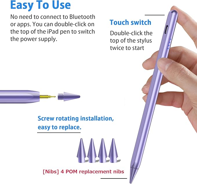 Stylus Pen for iPad 9th&10th - Fast Charge for iPad Pencil Palm Rejection Active Pen Compatible with (2018-2025) Apple iPad 6/7/8/9/10/11(A16), Pro 11"/12.9"/M4, Mini 5/6, Air 3/4/5/M2/M3 (Purple)