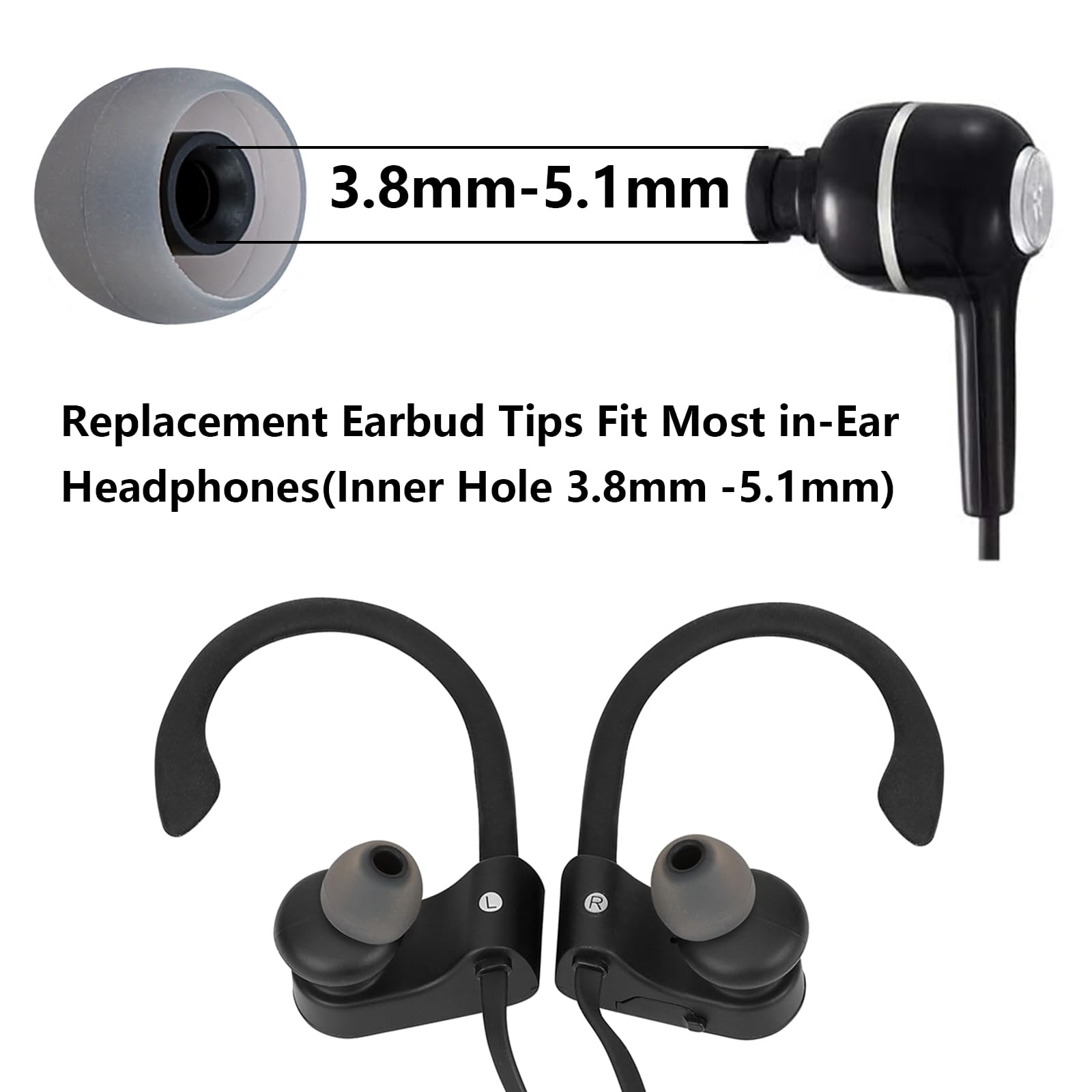 MMYQXI Silicone Replacement Earbud Tips Earbud Covers Ear Tips Fit for in-Ear Headphones (Inner Hole 3.8mm -5.1mm) Earbud Replacement Tips 9 Pairs