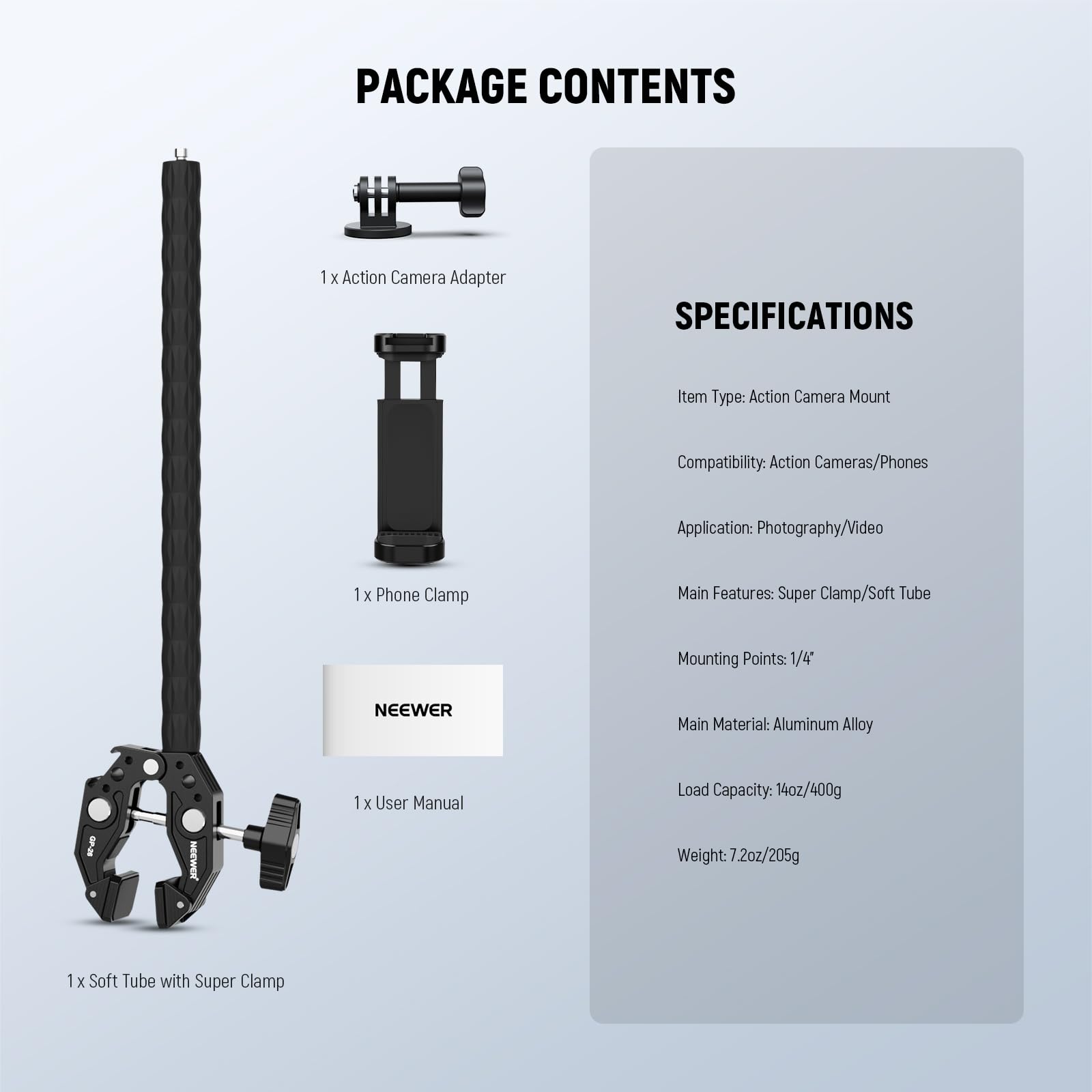 NEEWER Action Camera Mount Kit with Super Clamp, Soft Tube, Action Camera Adapter, Adjustable Holder for Flat/Round Surfaces, Compatible with GoPro Insta360 DJI Smartphone GP-26
