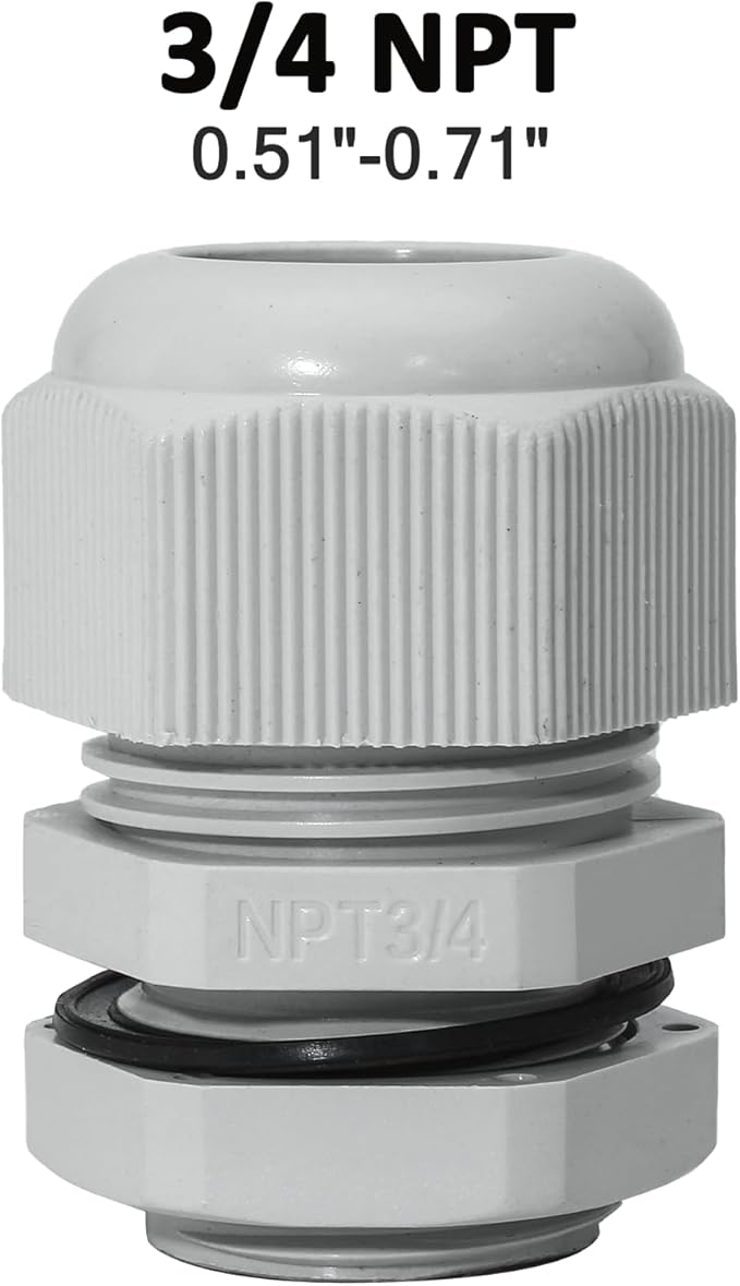 20 Pcs 3/4" NPT Nylon Cable Glands, IP68 Waterproof Adjustable Cord Grip Cable Connector Strain Relief Wire Protectors for 13-18mm Cable Diameter, Grey