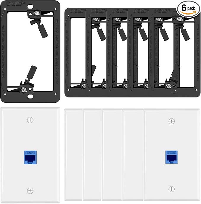 VCE 6-Pack Ethernet Wall Plate (UL-Listed), CAT6 RJ45 Wall Plate with Low Voltage Mounting Bracket 1 Gang, Blue
