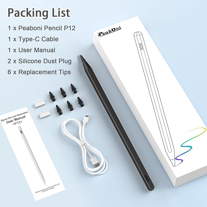Pencil 2nd Generation for iPad 2018-2024 with Magnetic Wireless Charging Compatible with Apple iPad Pro 13”(M4)/12.9”/11”,iPad Air 6(M2)/5/4/3,iPad mini 7(A17 Pro)/6/5,iPad10/9/8/7/6 Black