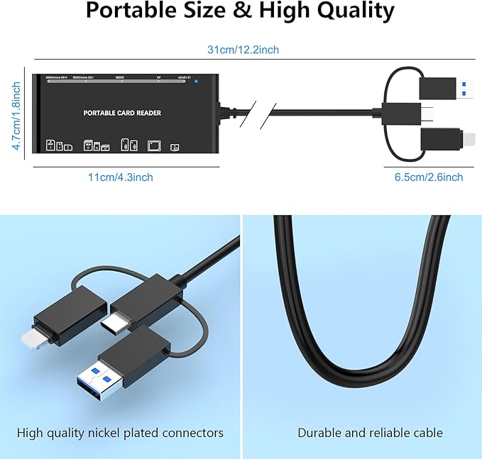 USB C Lightning USB3.0 Multi Card Reader for SD CF XD MS Micro SD TF, 7 in 1 Memory Card Reader Adapter Hub for iPhone/iPad/MacBook/Samsung, for Windows, Mac OS, iOS, Linux, Android