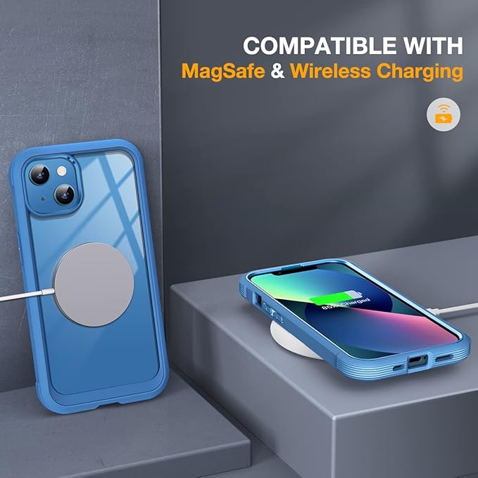 Miracase Compatible with iPhone 13 case 6.1 inch, 2023 Upgrade Full-Body Glass Clear Case Bumper Case with Built-in 9H Tempered Glass Screen Protector for iPhone 13 (Capri Blu)