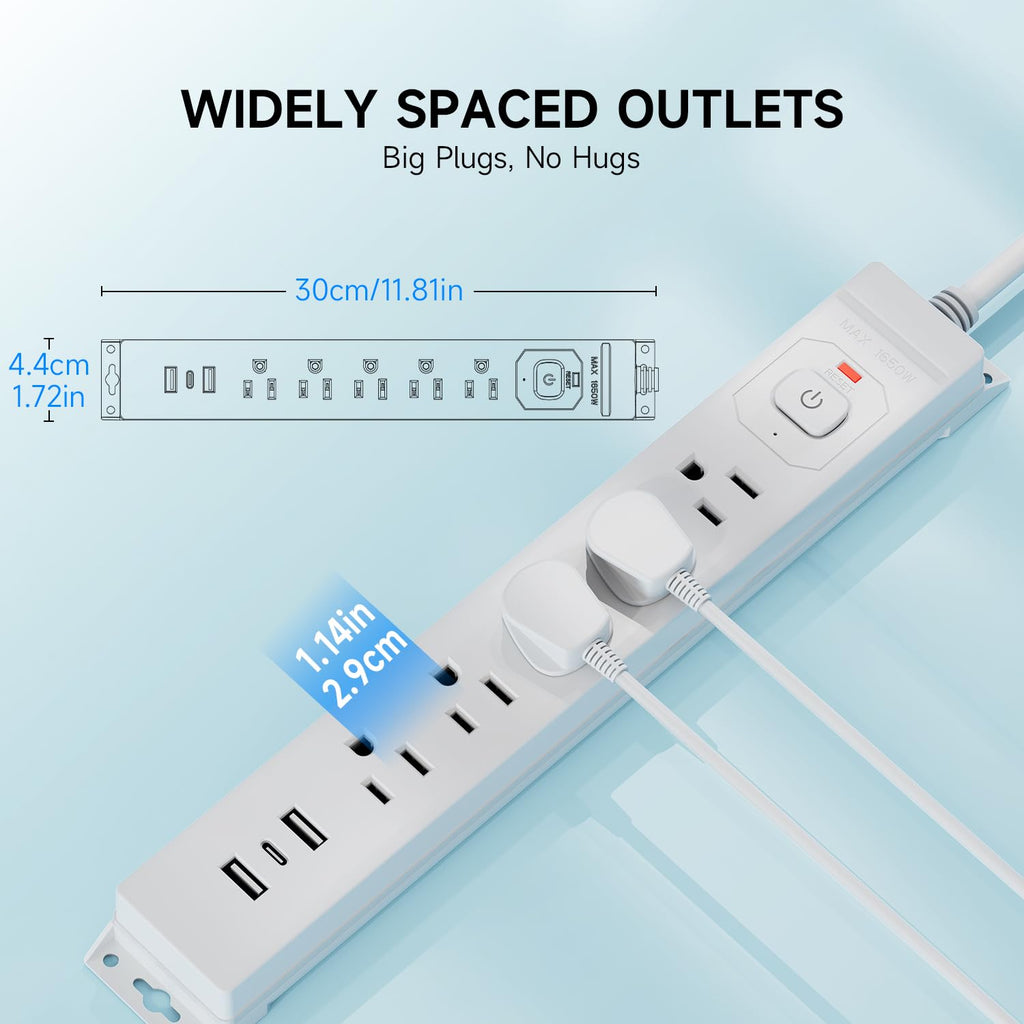 15 Ft Power Strip Surge Protector with USB Ports, Flat Plug Extension Cord, 5 AC Outlets and 3 USB Charging Ports, Wall Mountable for Home, Office, Dorm