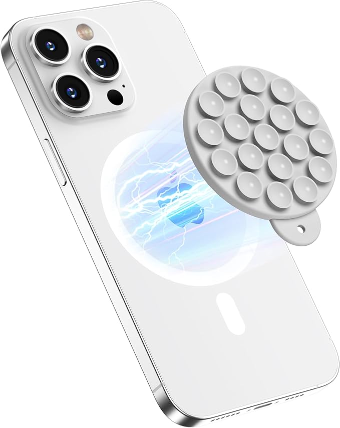 Magnetic Suction Cup Phone Mount for MagSafe Case, Silicone Hands-Free Grip Holder for iPhone and Android, Mirror Shower Phone Stand for Makeup FaceTime Gym Kitchen Bathroom, Light Gray