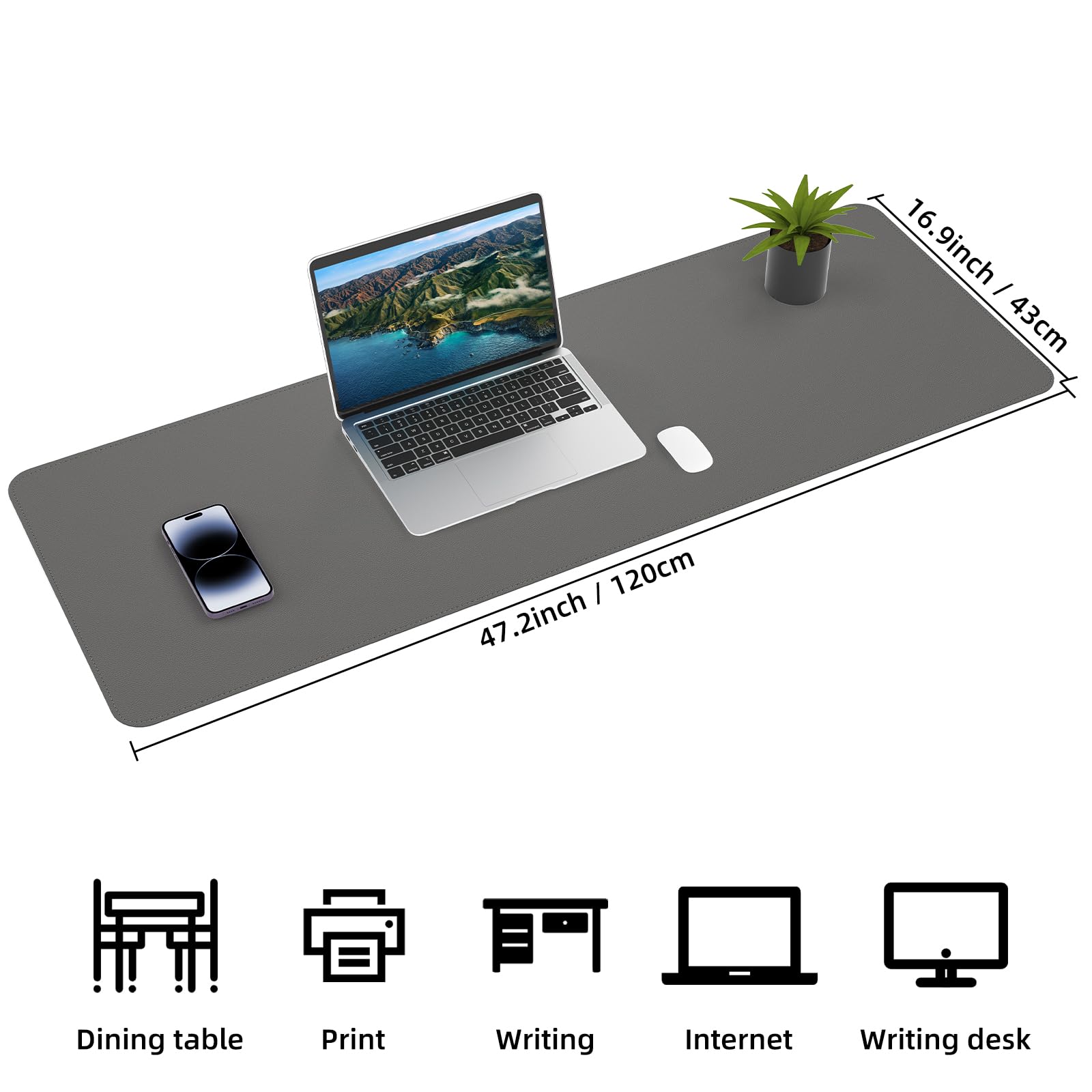 AFIING Leather Desk Pad Protector, 47" x 17" Large Desk Mat with Natural Cork & PU Leather, Mouse Pad, Non-Slip, Waterproof Desk Writing Pad for Office and Home (Dark Grey)