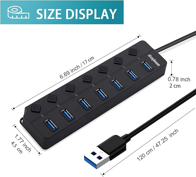 7-Port USB 3.0 Hub with Individual Power Switches and Lights, High-Speed Data Hub Splitter Portable USB Extension Hub with 120 cm Cable for PC Laptop and Others