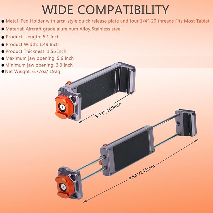 Metal iPad Tripod Mount Adapter, Tablet Holder with Rotatable Cold Shoe Mount - Compatible with iPad Pro, Air, Galaxy Tab, iPhone