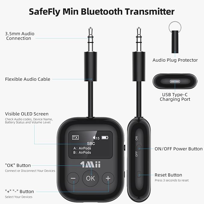 Airplane Bluetooth 5.3 Transmitter for All Headphones - Bluetooth Adapter for TV - Dual Connection - aptX Low Latency - Flying Travel,Long Flight Essentials - Wireless Audio Aux for MP3,Game,PC-Black