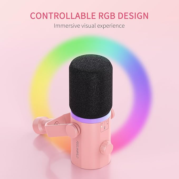 FEELWORLD PM1 XLR USB Dynamic Microphone with Desktop Stand Gifts for Podcast Recording PC Computer Gaming Streaming Vocal Voice-Over, Studio Metal Mic, RGB Light, Mute Button, Headphones Jack (Pink)