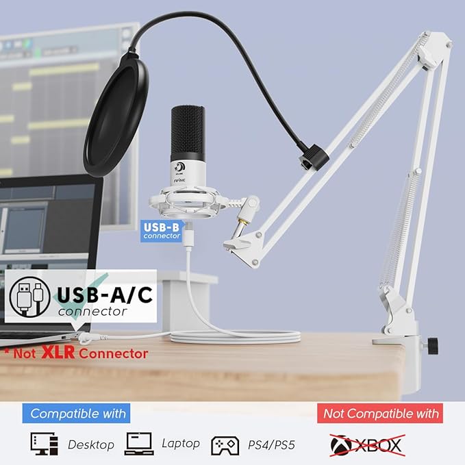 FIFINE USB Recording Microphone Kit, Studio Condenser Microphone for Vocals Music Creation, Voice-Over, Singing with Metal Boom Arm, 16mm Diaphragm, Podcast Mic Set-T669 White