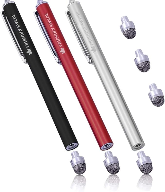 The Friendly Swede Stylus Pen for Touchscreen — 3-Pack 5.5" High Precision Stylus Pen with Replaceable Thin Tips, Elastic Lanyards & Screen Cleaning Cloth - Red/Black/Silver