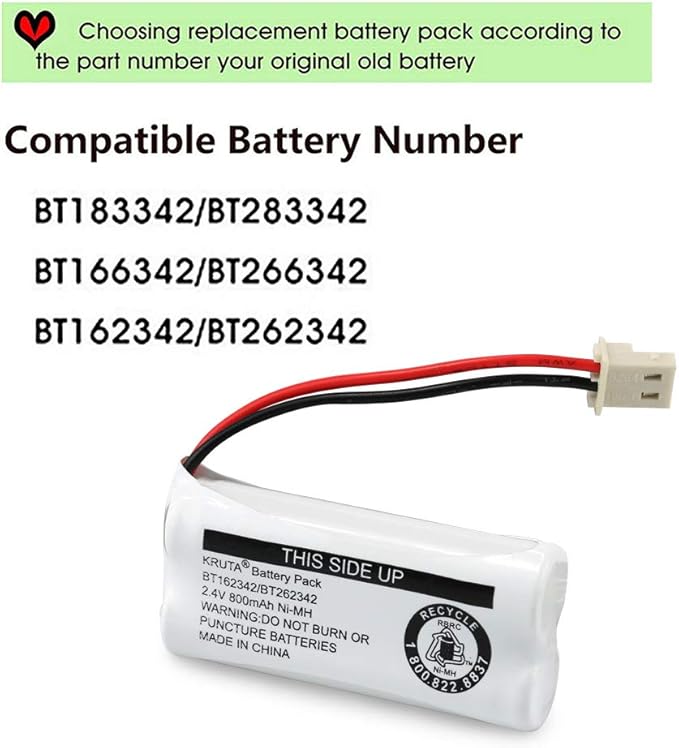 Kruta BT162342 BT262342 2.4v 800mah Cordless Phone Batteries Compatible with BT183342 BT283342 BT166342 BT266342 VTech CS6114 CS6419 CS6719 at&T EL52300 CL80111 Handset Telephone (Pack of 3)