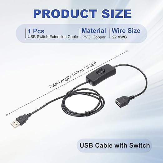 MECCANIXITY USB Extension Cable with ON/Off Toggle Switch 1m USB Male to Female Extension Cord for Desk Lamp Fan LED Light Strip Black Pack of 1