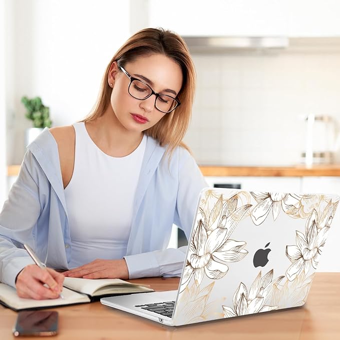 Teryeefi Compatible with M4 MacBook Air 13.6 inch Case 2022-2025 Release M3 A3113 M2 A2681 with Touch ID, Design Hard Shell Case+Keyboard Cover+Screen Protector+Type C Adapter, W-Gold Flower Line