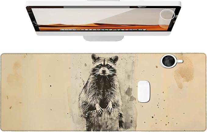 Vintage Raccoon Gaming Mouse Pad, Large Office Desk Mat, Anti-Slip Rubber Base Mousepad for Computer Laptop Keyboard, Smooth Desk Pad for Home Office Gamer Work Accessories 31.5" x 11.8"