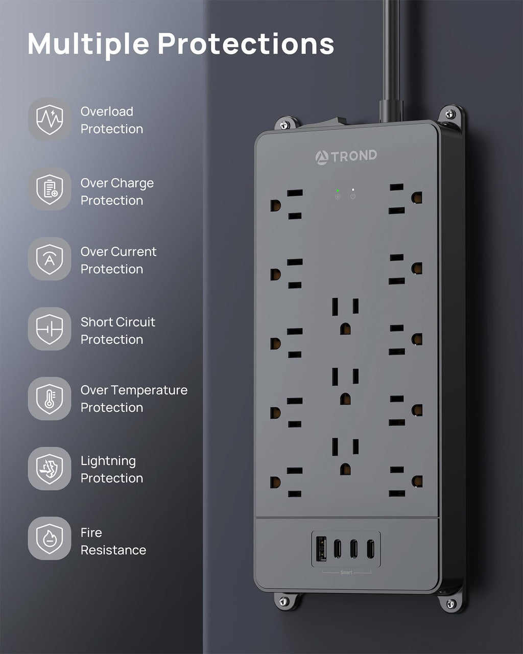 TROND 360° Rotating Surge Protector Power Strip 10ft, ETL Listed, 4000J